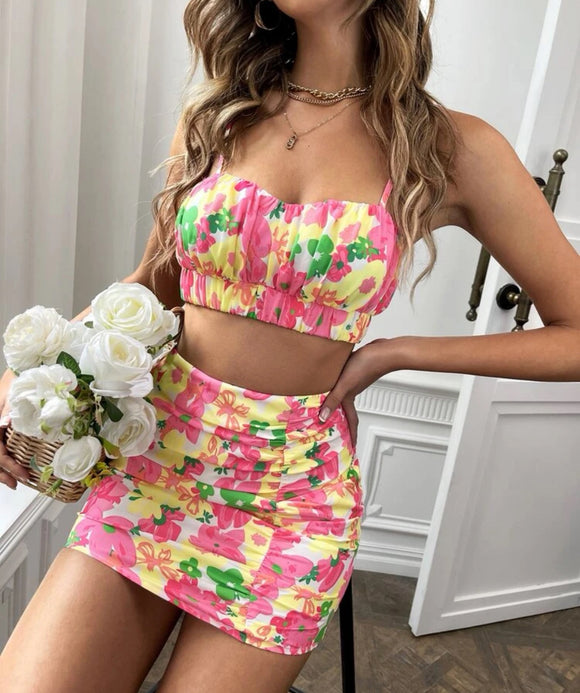 Shein two piece Floral skirt and crop top Set size small