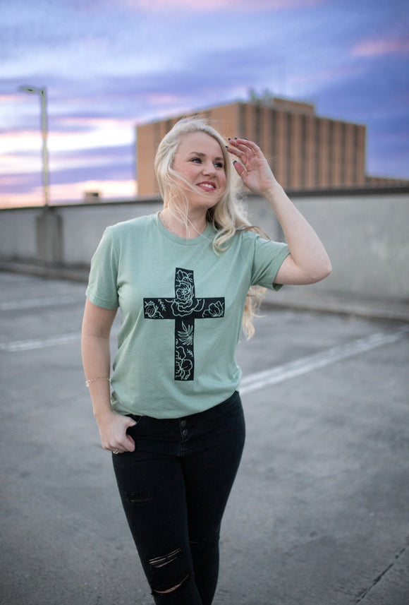 Floral Cross (Heather Sage Tee) Ships in 1-2 Weeks- Excluded from discounts