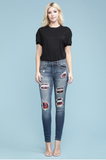 Red Plaid Patched Judy Blue Skinnies- in stock