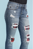 Red Plaid Patched Judy Blue Skinnies- in stock