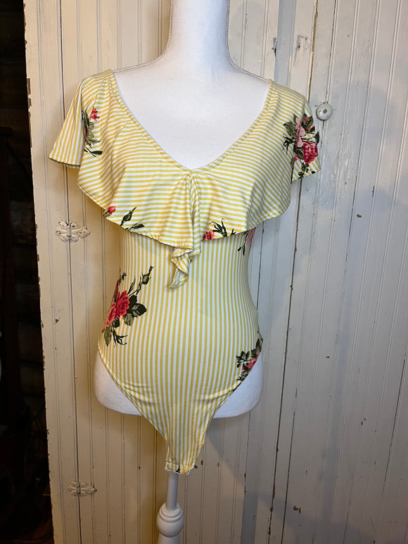 Yellow and White Stripe with Floral bodysuit- S