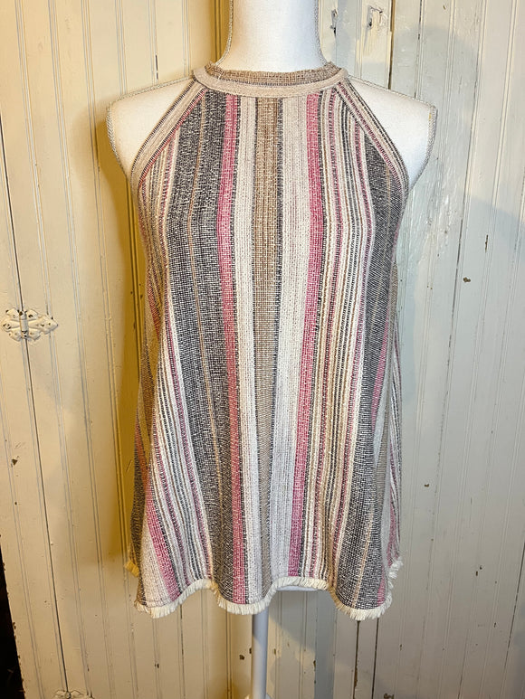 Vertical Stripe Knit Top with fringe edges - S